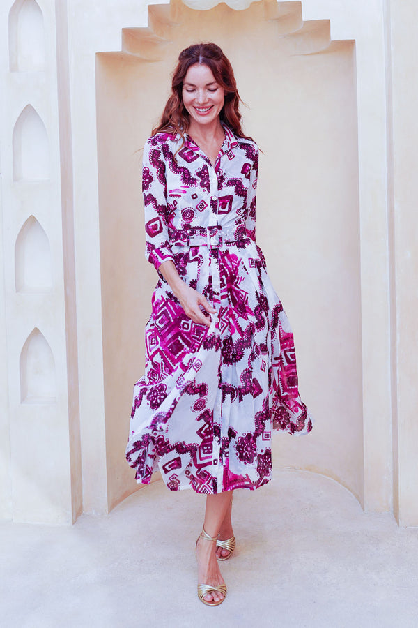 Audrey Dress #4 Shirt Collar 3/4 Sleeve Midi Length Cotton Musola (Tie Dye Izmir Small White)