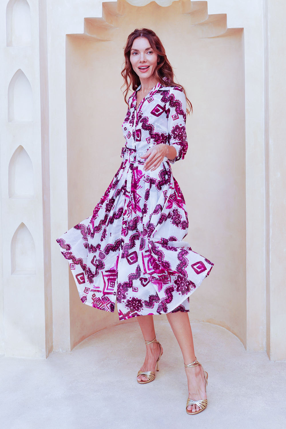 Audrey Dress #4 Shirt Collar 3/4 Sleeve Midi Length Cotton Musola (Tie Dye Izmir Small White)