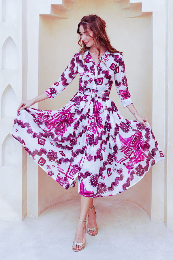 Audrey Dress #4 Shirt Collar 3/4 Sleeve Midi Length Cotton Musola (Tie Dye Izmir Small White)