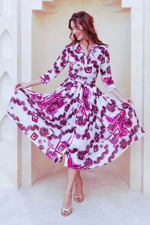 Audrey Dress #4 Shirt Collar 3/4 Sleeve Midi Length Cotton Musola (Tie Dye Izmir Small White)