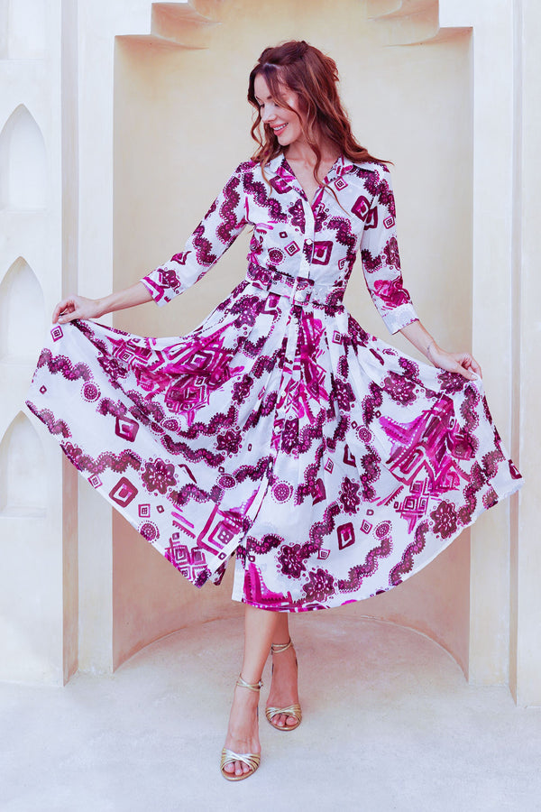 Audrey Dress #4 Shirt Collar 3/4 Sleeve Midi Length Cotton Musola (Tie Dye Izmir Small White)