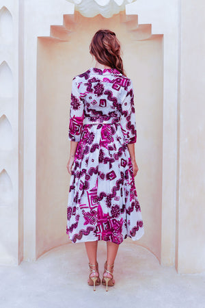 Audrey Dress #4 Shirt Collar 3/4 Sleeve Midi Length Cotton Musola (Tie Dye Izmir Small White)