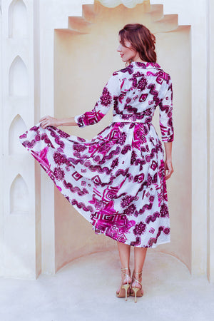 Audrey Dress #4 Shirt Collar 3/4 Sleeve Midi Length Cotton Musola (Tie Dye Izmir Small White)