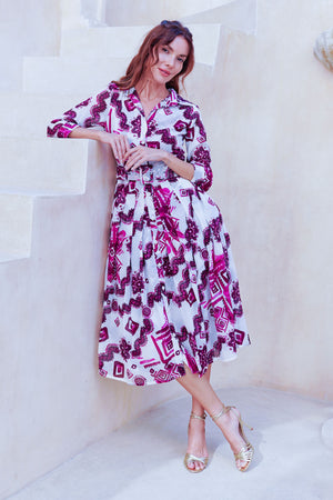 Audrey Dress #4 Shirt Collar 3/4 Sleeve Midi Length Cotton Musola (Tie Dye Izmir Small White)