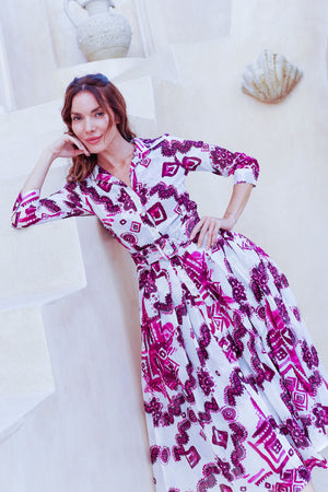 Audrey Dress #4 Shirt Collar 3/4 Sleeve Midi Length Cotton Musola (Tie Dye Izmir Small White)