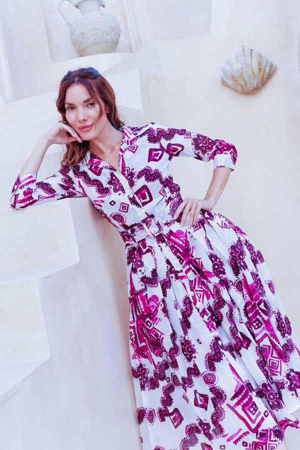 Audrey Dress #4 Shirt Collar 3/4 Sleeve Midi Length Cotton Musola (Tie Dye Izmir Small White)