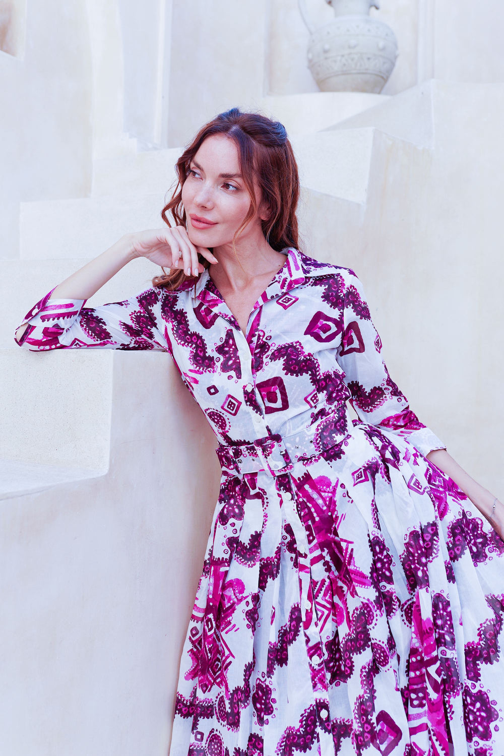 Audrey Dress #4 Shirt Collar 3/4 Sleeve Midi Length Cotton Musola (Tie Dye Izmir Small White)