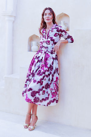 Audrey Dress #4 Shirt Collar 3/4 Sleeve Midi Length Cotton Musola (Tie Dye Izmir Small White)