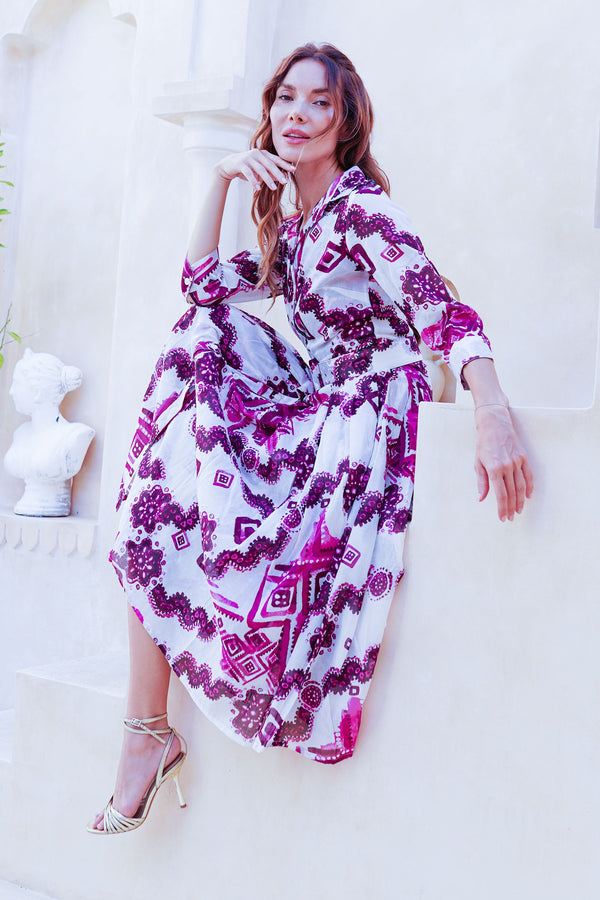 Audrey Dress #4 Shirt Collar 3/4 Sleeve Midi Length Cotton Musola (Tie Dye Izmir Small White)