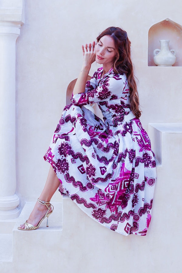 Audrey Dress #4 Shirt Collar 3/4 Sleeve Midi Length Cotton Musola (Tie Dye Izmir Small White)