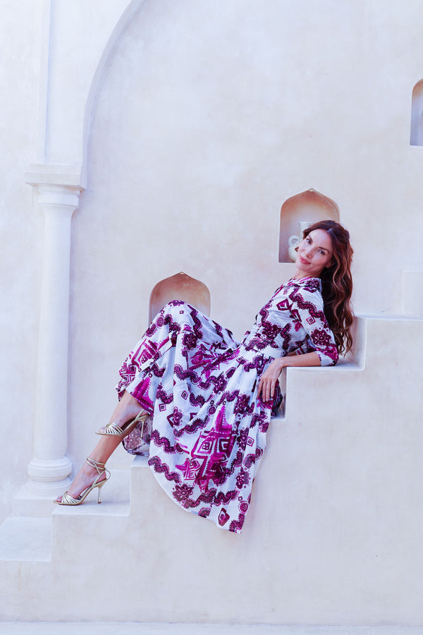 Audrey Dress #4 Shirt Collar 3/4 Sleeve Midi Length Cotton Musola (Tie Dye Izmir Small White)