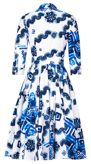 Abelia Dress Shirt Collar 3/4 Sleeve Long Length Cotton Stretch (Tie Dye Izmir Small White)