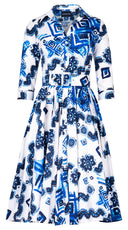 Abelia Dress Shirt Collar 3/4 Sleeve Long Length Cotton Stretch (Tie Dye Izmir Small White)