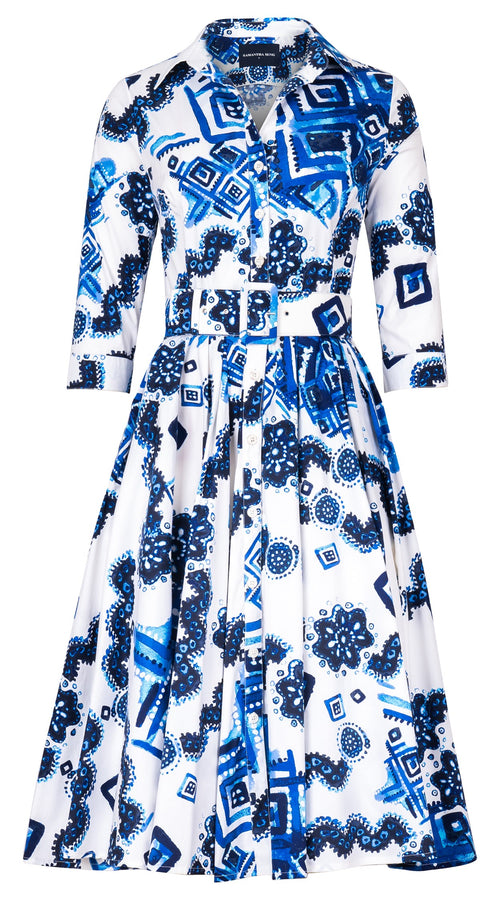 Abelia Dress Shirt Collar 3/4 Sleeve Long Length Cotton Stretch (Tie Dye Izmir Small White)