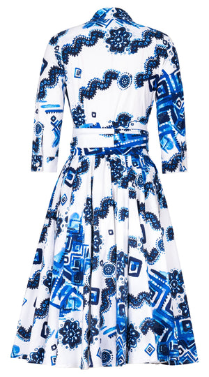 Abelia Dress Shirt Collar 3/4 Sleeve Long Length Cotton Stretch (Tie Dye Izmir Small White)