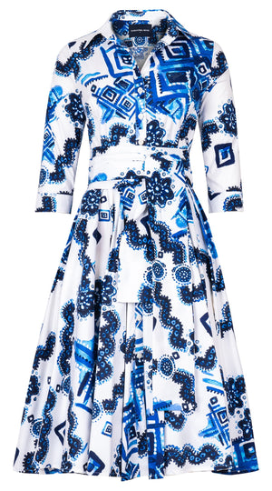 Abelia Dress Shirt Collar 3/4 Sleeve Long Length Cotton Stretch (Tie Dye Izmir Small White)