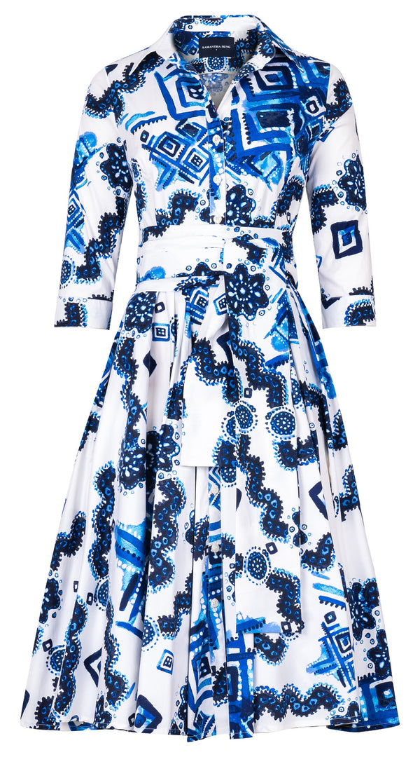 Abelia Dress Shirt Collar 3/4 Sleeve Long Length Cotton Stretch (Tie Dye Izmir Small White)