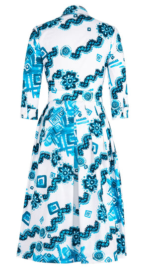 Audrey Dress #1 Shirt Collar 3/4 Sleeve Midi Length Cotton Stretch (Tie Dye Izmir Big White)