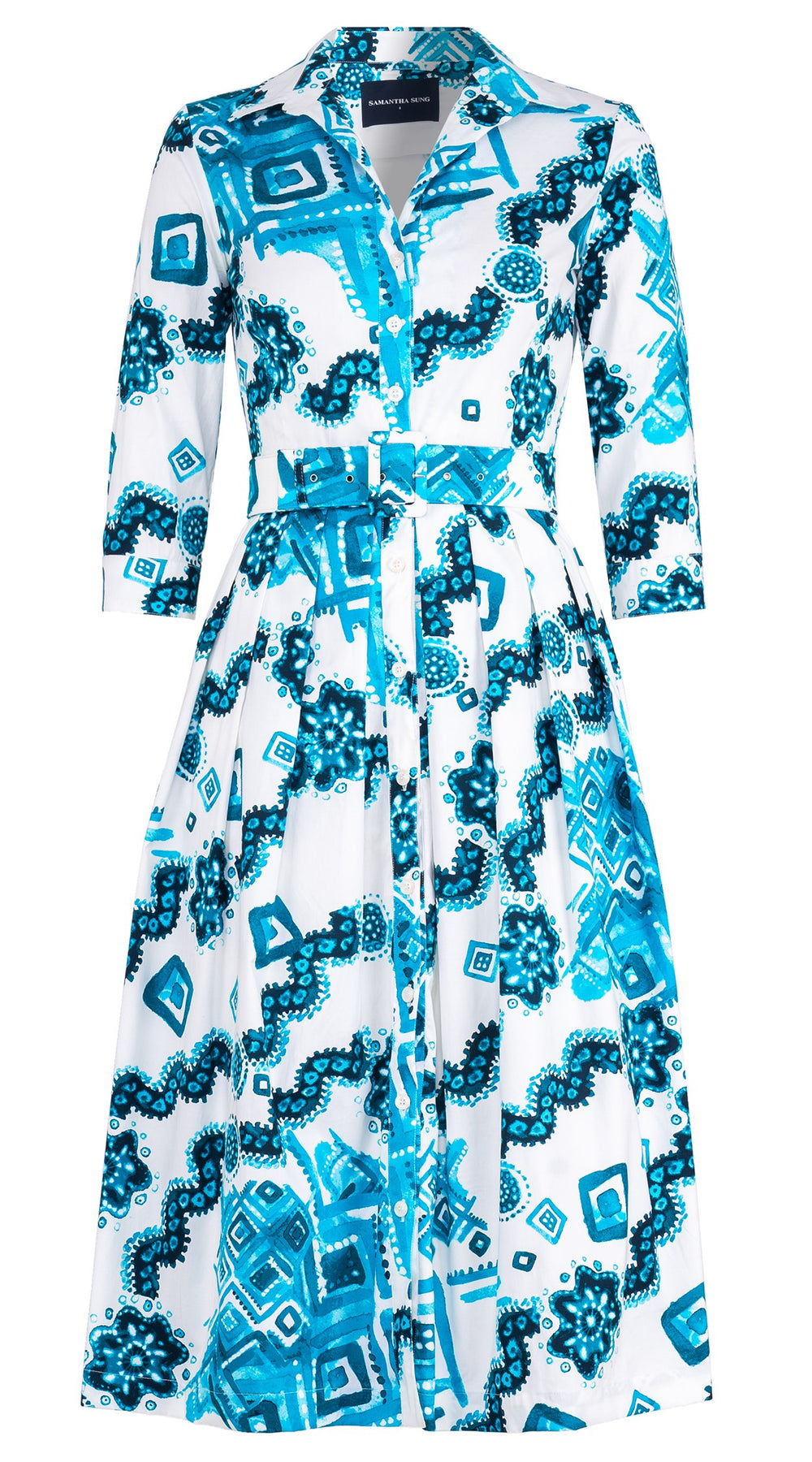 Audrey Dress #1 Shirt Collar 3/4 Sleeve Midi Length Cotton Stretch (Tie Dye Izmir Big White)