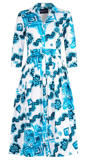 Audrey Dress #1 Shirt Collar 3/4 Sleeve Midi Length Cotton Stretch (Tie Dye Izmir Big White)