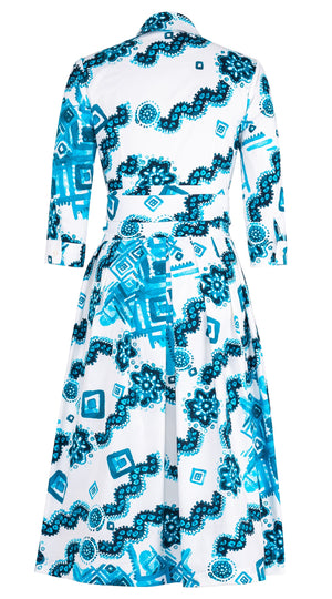 Audrey Dress #1 Shirt Collar 3/4 Sleeve Midi Length Cotton Stretch (Tie Dye Izmir Big White)