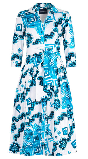Audrey Dress #1 Shirt Collar 3/4 Sleeve Midi Length Cotton Stretch (Tie Dye Izmir Big White)