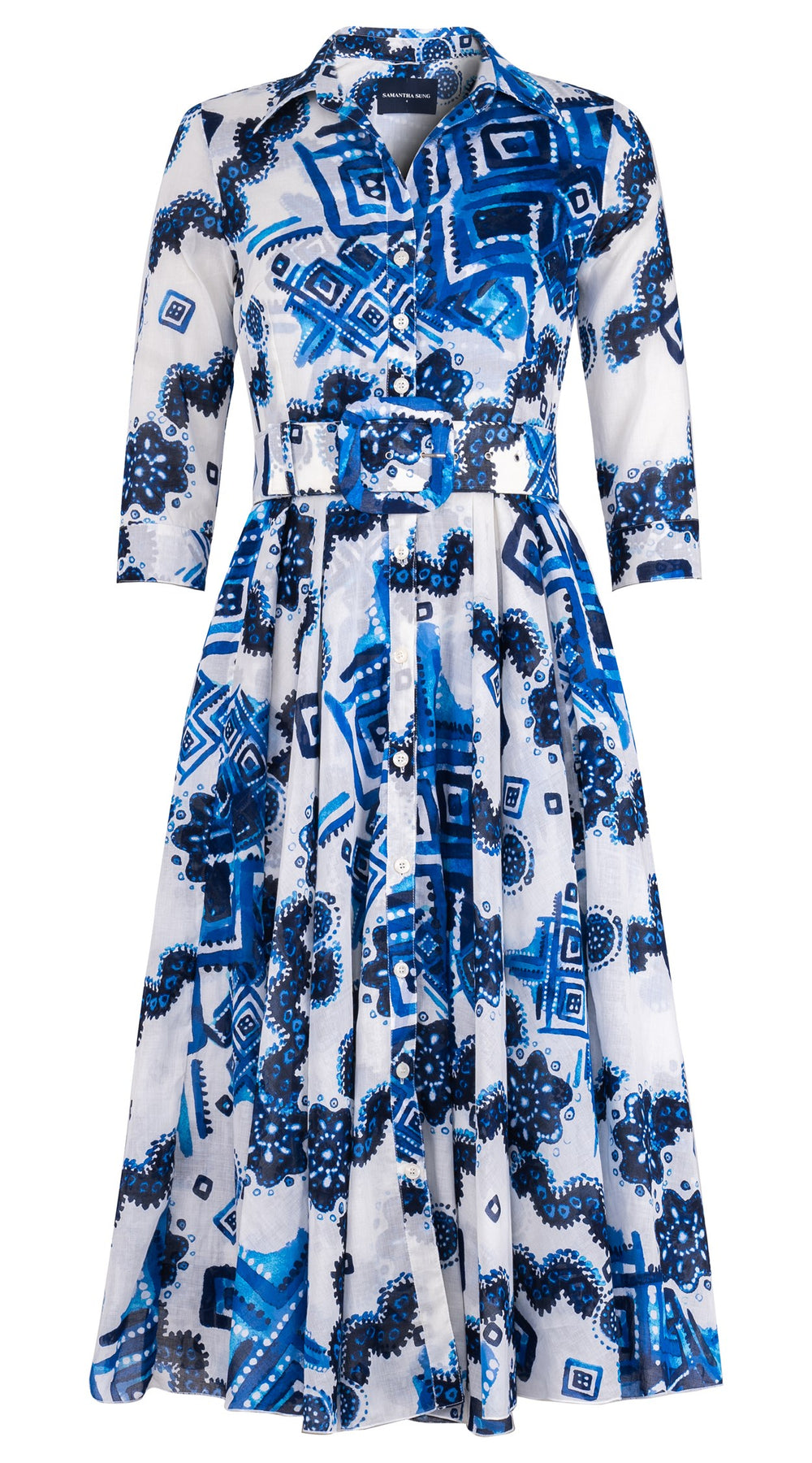 Aster Dress Shirt Collar 3/4 Sleeve Midi Length Cotton Musola (Tie Dye Izmir Big White)