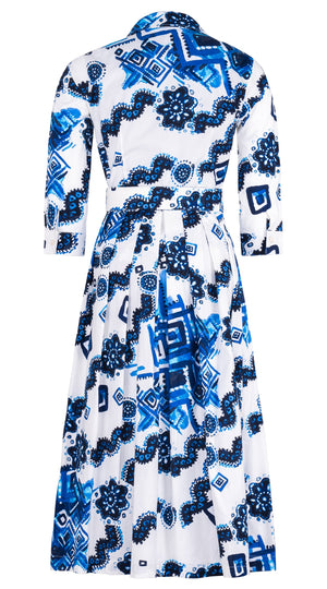 Audrey Dress #1 Shirt Collar 3/4 Sleeve Midi Length Cotton Stretch (Tie Dye Izmir Big White)