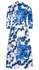 Audrey Dress #1 Shirt Collar 3/4 Sleeve Midi Length Cotton Stretch (Tie Dye Izmir Big White)