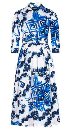 Audrey Dress #1 Shirt Collar 3/4 Sleeve Midi Length Cotton Stretch (Tie Dye Izmir Big White)