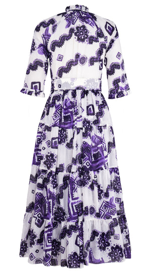 Eva Dress Crew Neck 3/4 Sleeve Midi Plus Length Cotton Musola (Tie Dye Izmir Small White)