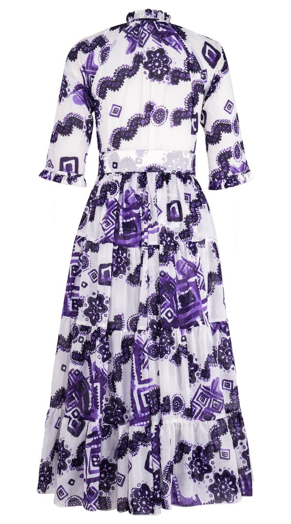 Eva Dress Crew Neck 3/4 Sleeve Midi Plus Length Cotton Musola (Tie Dye Izmir Small White)