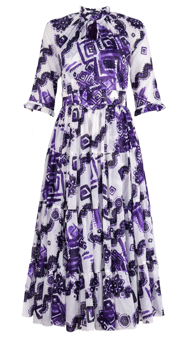 Eva Dress Crew Neck 3/4 Sleeve Midi Plus Length Cotton Musola (Tie Dye Izmir Small White)