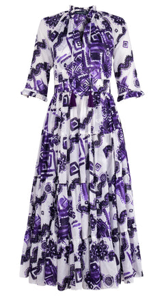 Eva Dress Crew Neck 3/4 Sleeve Midi Plus Length Cotton Musola (Tie Dye Izmir White)
