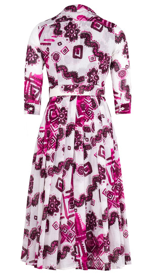 Audrey Dress #4 Shirt Collar 3/4 Sleeve Midi Length Cotton Musola (Tie Dye Izmir Small White)