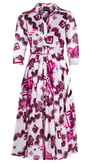 Audrey Dress #4 Shirt Collar 3/4 Sleeve Midi Length Cotton Musola (Tie Dye Izmir Small White)