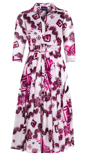 Audrey Dress #4 Shirt Collar 3/4 Sleeve Midi Length Cotton Musola (Tie Dye Izmir Small White)