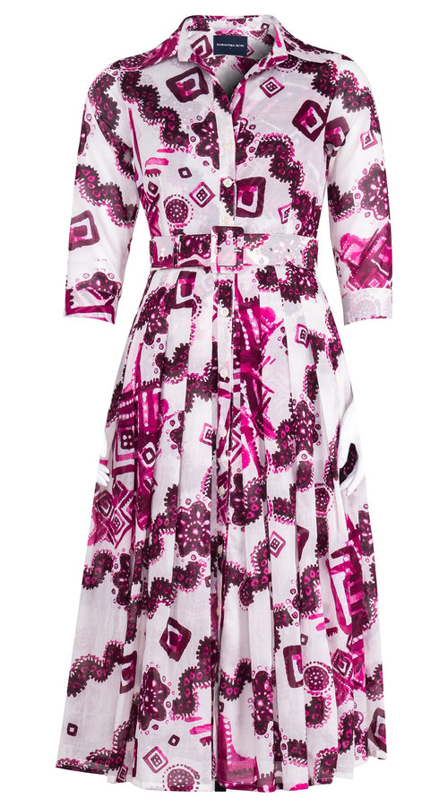 Audrey Dress #4 Shirt Collar 3/4 Sleeve Midi Length Cotton Musola (Tie Dye Izmir Small White)