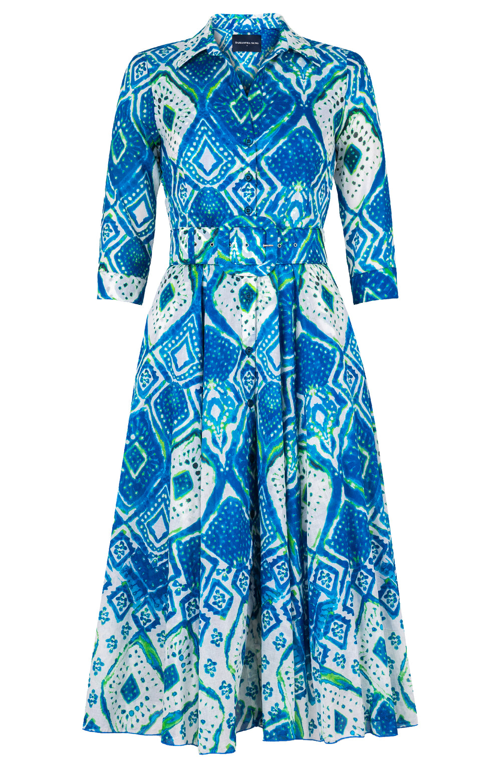Aster Dress Shirt Collar 3/4 Sleeve Midi Length Linen (Tie Dye Maldives White)