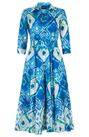Aster Dress Shirt Collar 3/4 Sleeve Midi Length Linen (Tie Dye Maldives White)