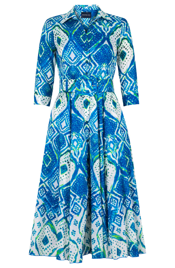 Aster Dress Shirt Collar 3/4 Sleeve Midi Length Linen (Tie Dye Maldives White)