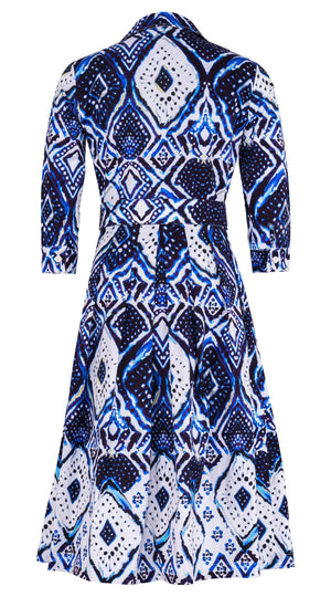 Audrey Dress #1 Shirt Collar 3/4 Sleeve Long Length Cotton Stretch (Tie Dye Maldives White)