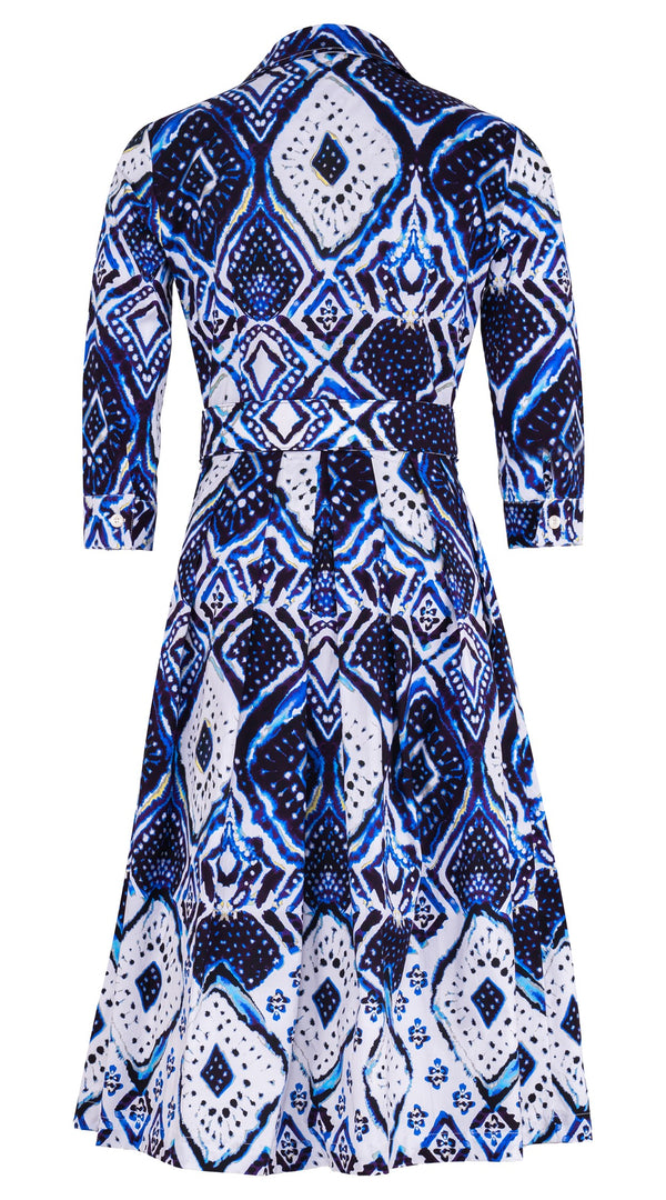 Audrey Dress #1 Shirt Collar 3/4 Sleeve Long Length Cotton Stretch (Tie Dye Maldives White)