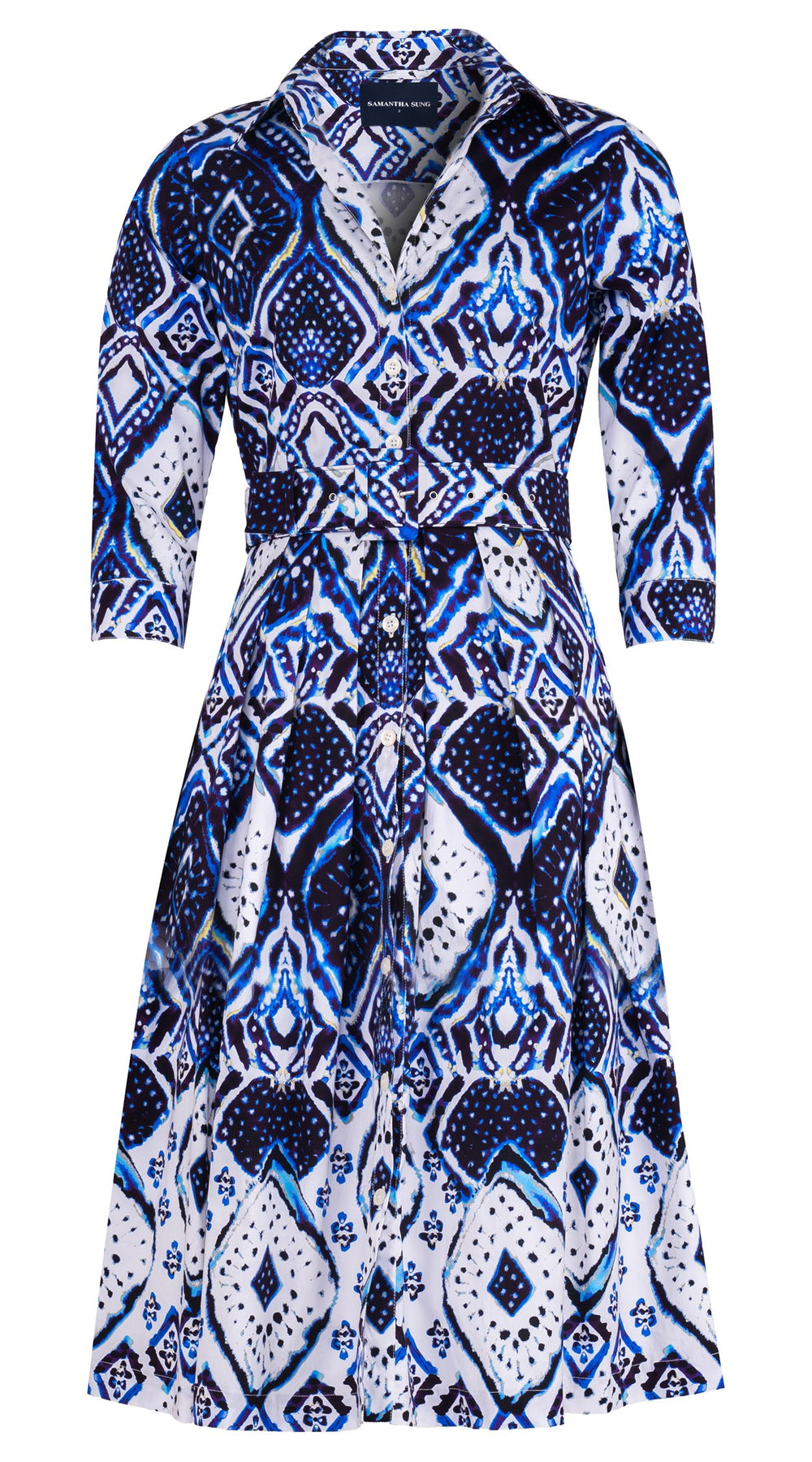 Audrey Dress #1 Shirt Collar 3/4 Sleeve Long Length Cotton Stretch (Tie Dye Maldives White)