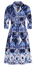 Audrey Dress #1 Shirt Collar 3/4 Sleeve Long Length Cotton Stretch (Tie Dye Maldives White)