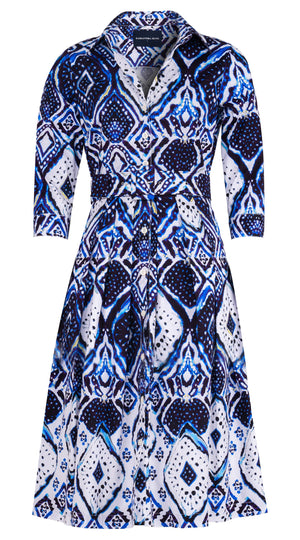 Audrey Dress #1 Shirt Collar 3/4 Sleeve Long Length Cotton Stretch (Tie Dye Maldives White)
