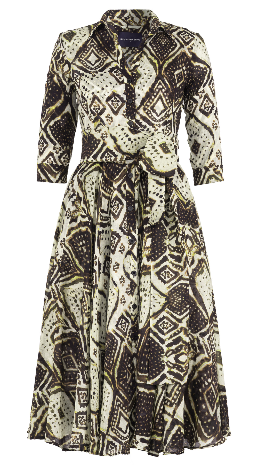 Aster Dress Shirt Collar 3/4 Sleeve Midi Length Wool (Tie Dye Maldives Ivory) - Ivory Olive Green