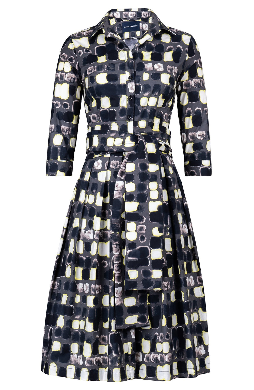 Audrey Dress #1 Shirt Collar 3/4 Sleeve Long Length Cotton Stretch (Tie Dye Square Multi Dark)