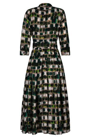 Audrey Dress #4 Shirt Collar 3/4 Sleeve Midi Plus Length Wool (Tie Dye Square Multi Dark) - Taupe Green