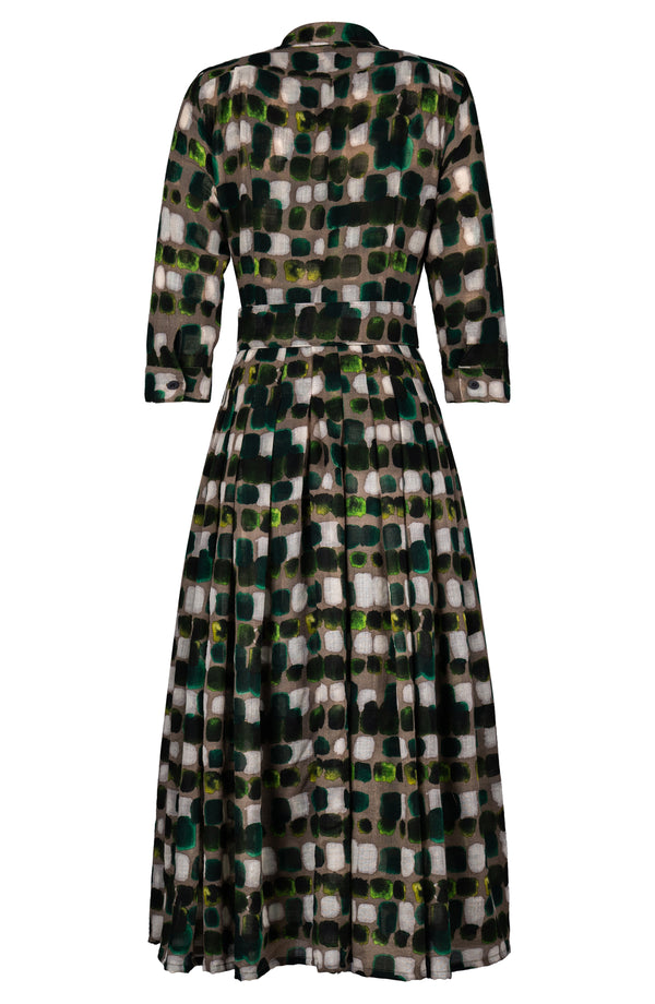 Audrey Dress #4 Shirt Collar 3/4 Sleeve Midi Plus Length Wool (Tie Dye Square Multi Dark) - Taupe Green